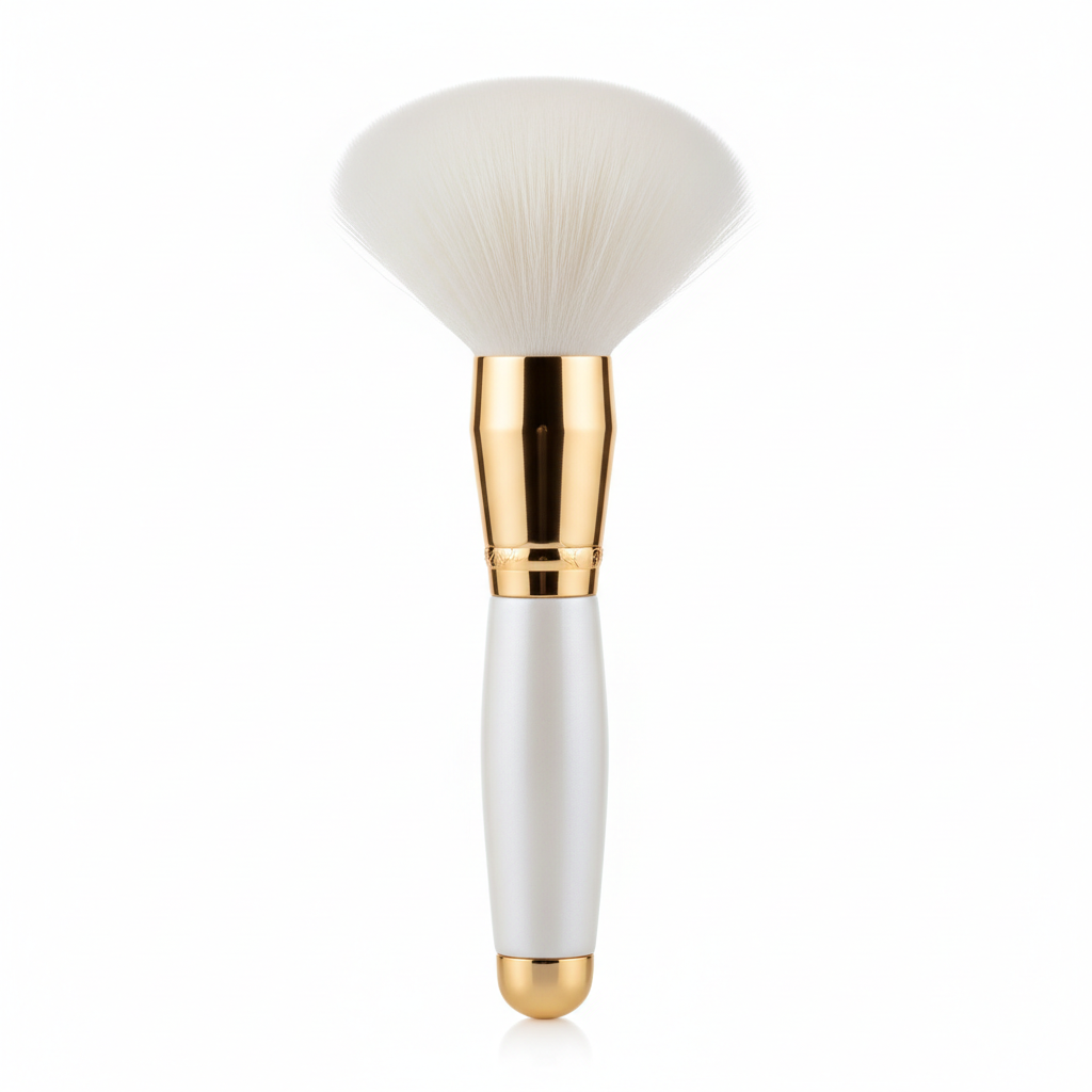 Professional powder setting brush with large fluffy head and white and gold handle