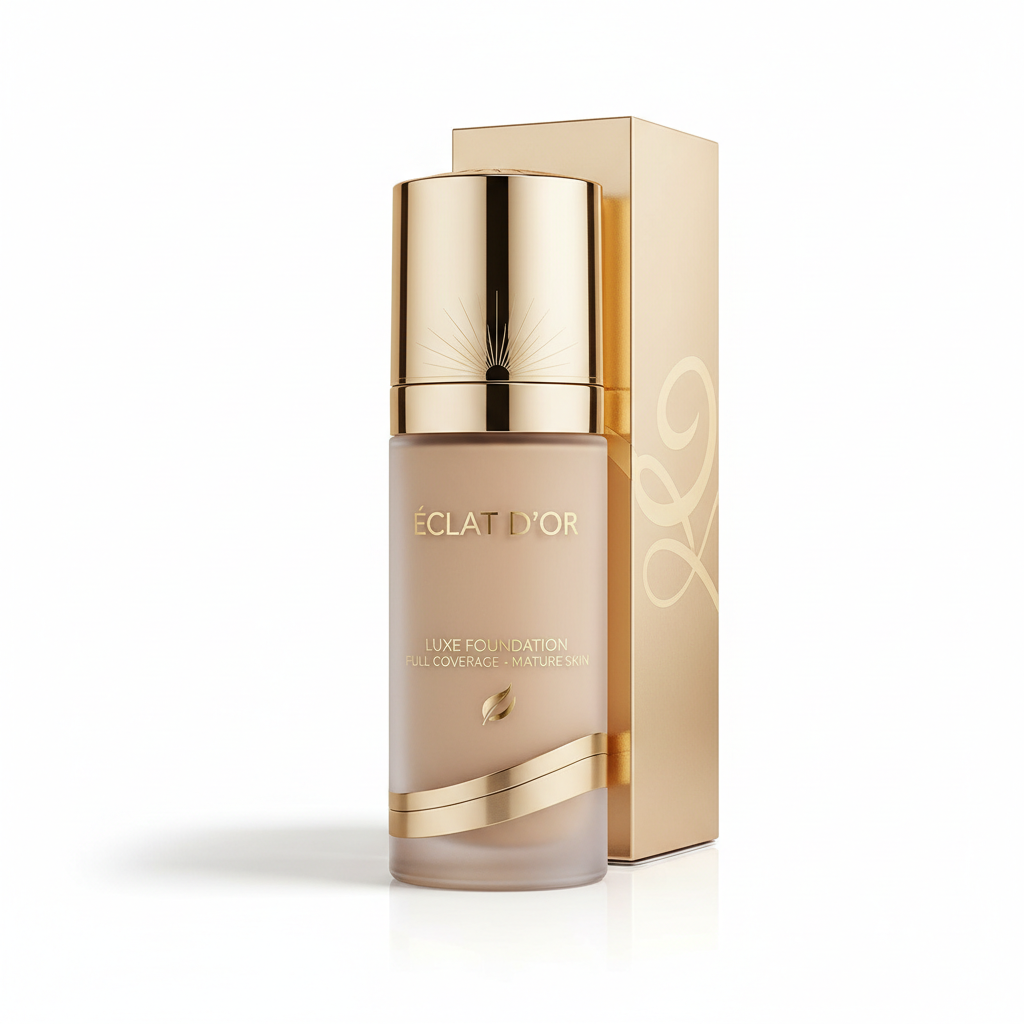 Luxury full coverage foundation bottle in warm beige and gold packaging