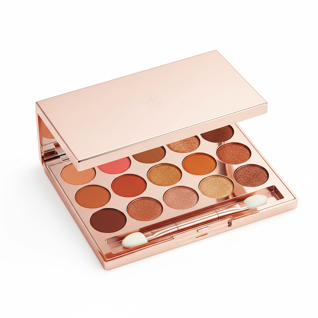 Luxury warm tones eyeshadow palette with peach coral bronze copper gold shades