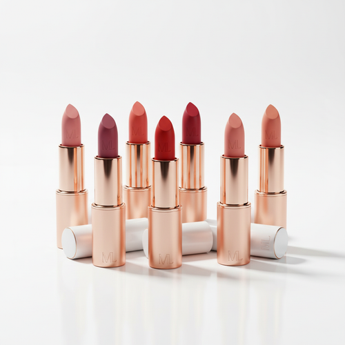 Luxury lipstick collection in rose gold and white packaging showing multiple shades