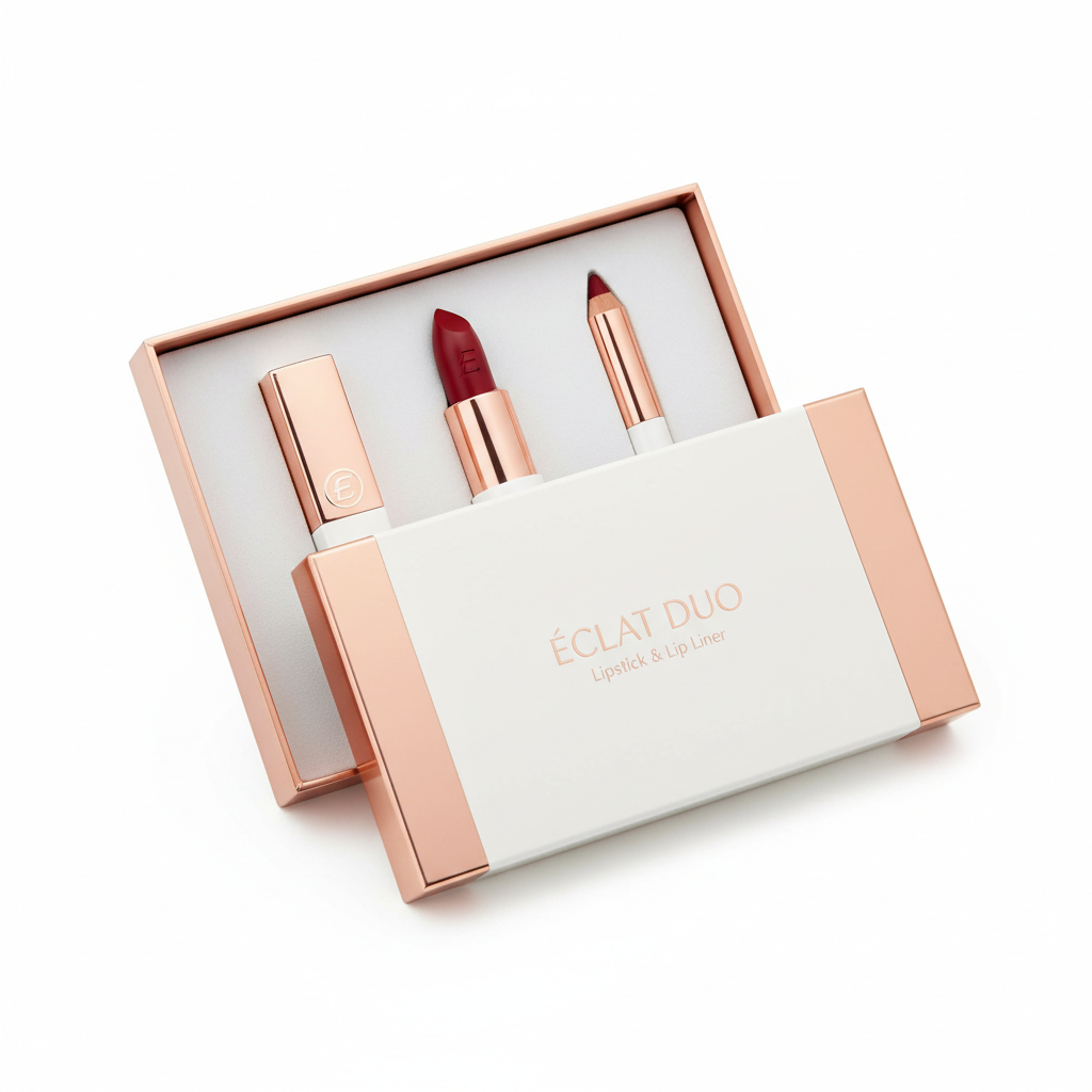 Luxury lip duo gift set with lipstick and lip liner in rose gold and white packaging