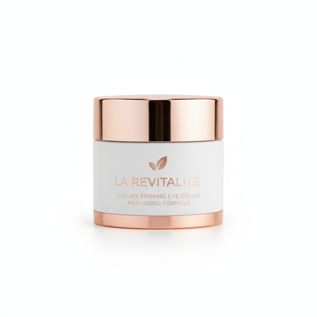 Luxury firming eye cream jar in white and rose gold packaging