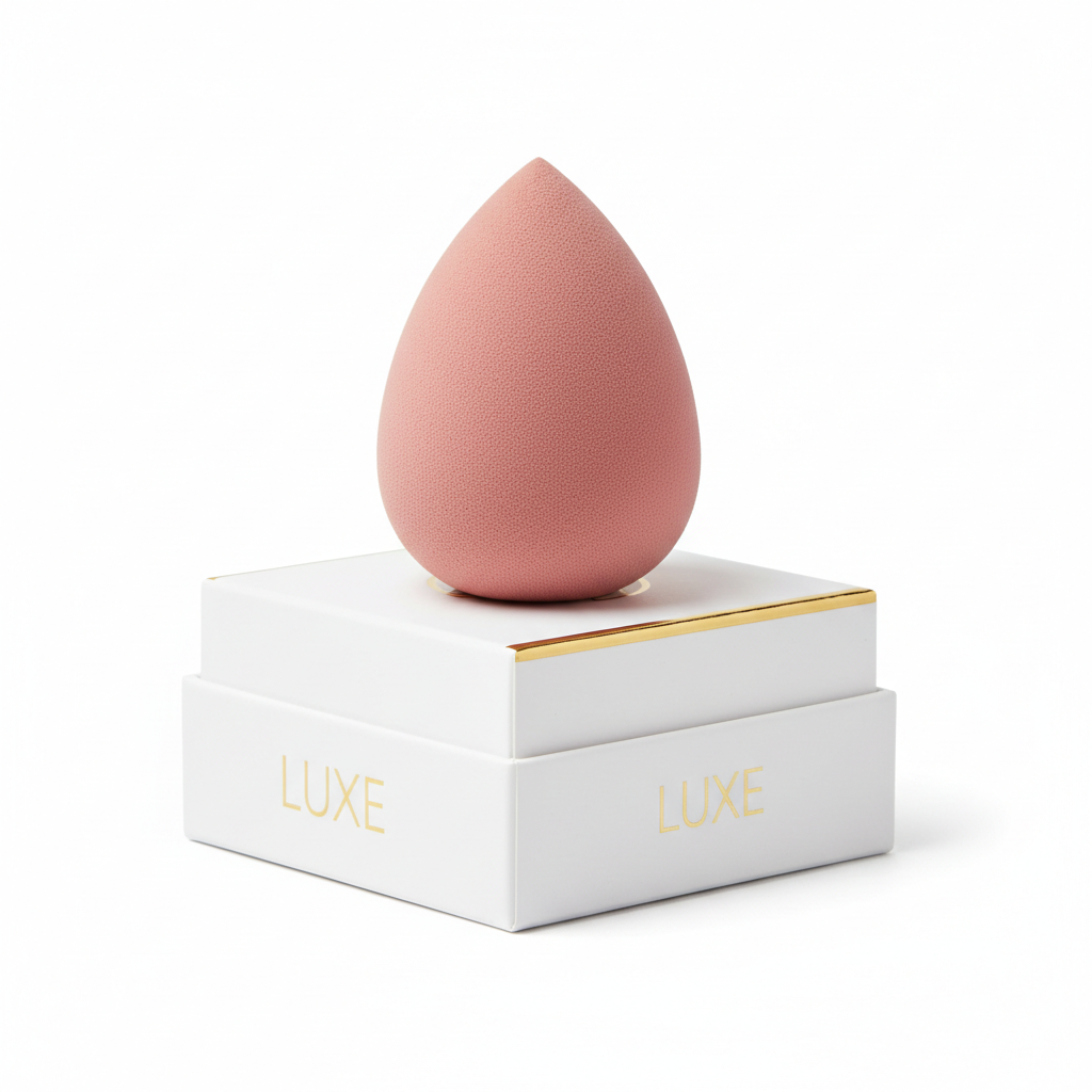 Soft pink teardrop makeup blending sponge with white and gold packaging