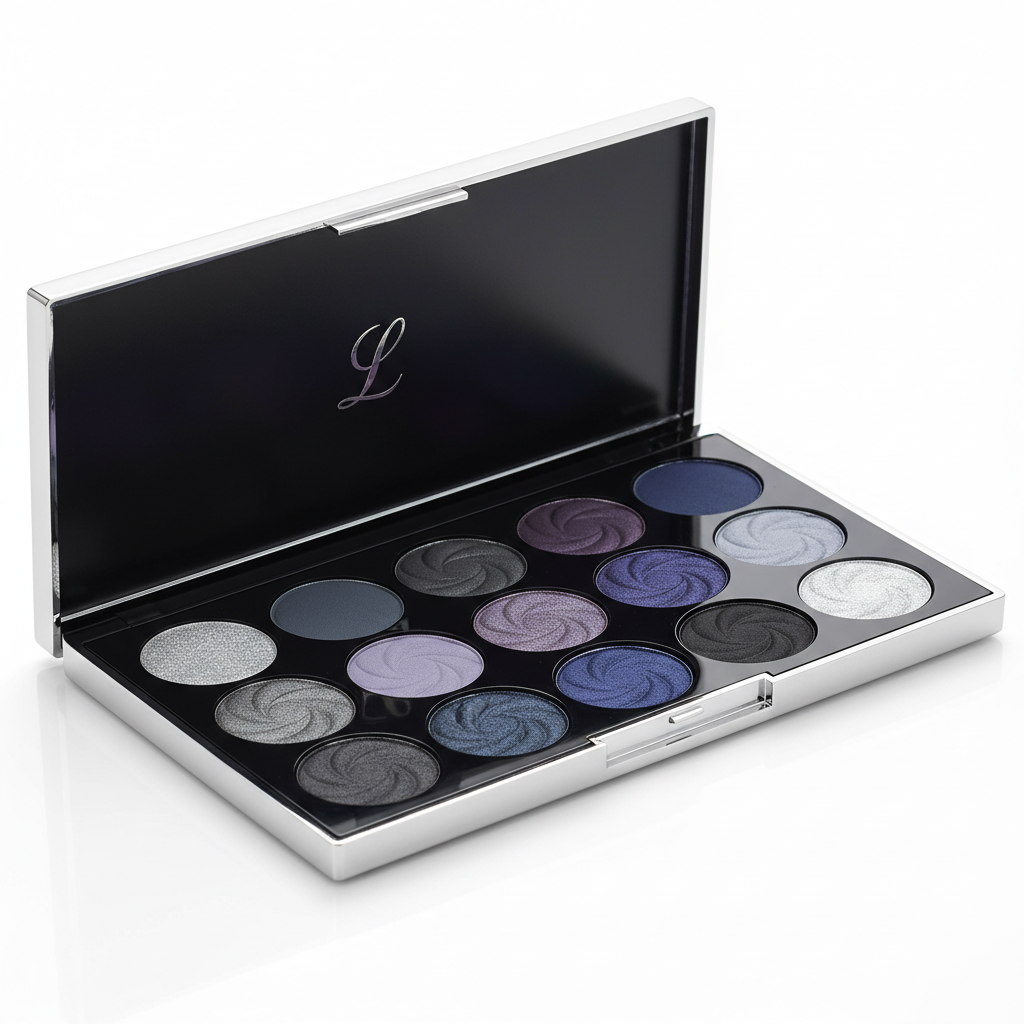 Luxury cool smoky eyeshadow palette with silver slate charcoal plum navy midnight shades
