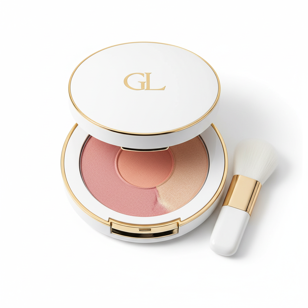 Luxury powder blush compact in white and gold packaging