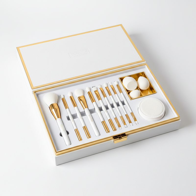 Complete luxury makeup tool kit with all brushes sponge and remover pads in premium gift box