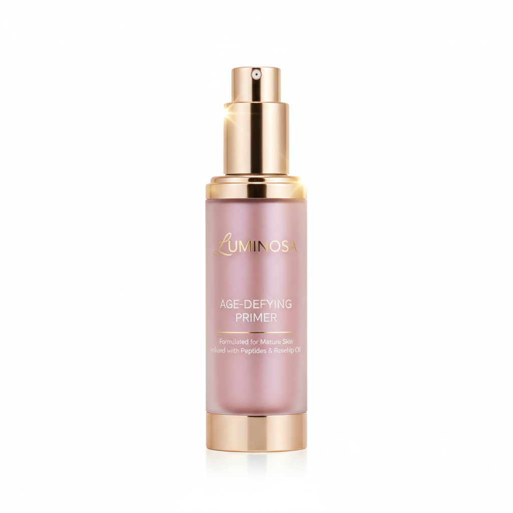 Elegant makeup primer bottle in soft pink and gold packaging