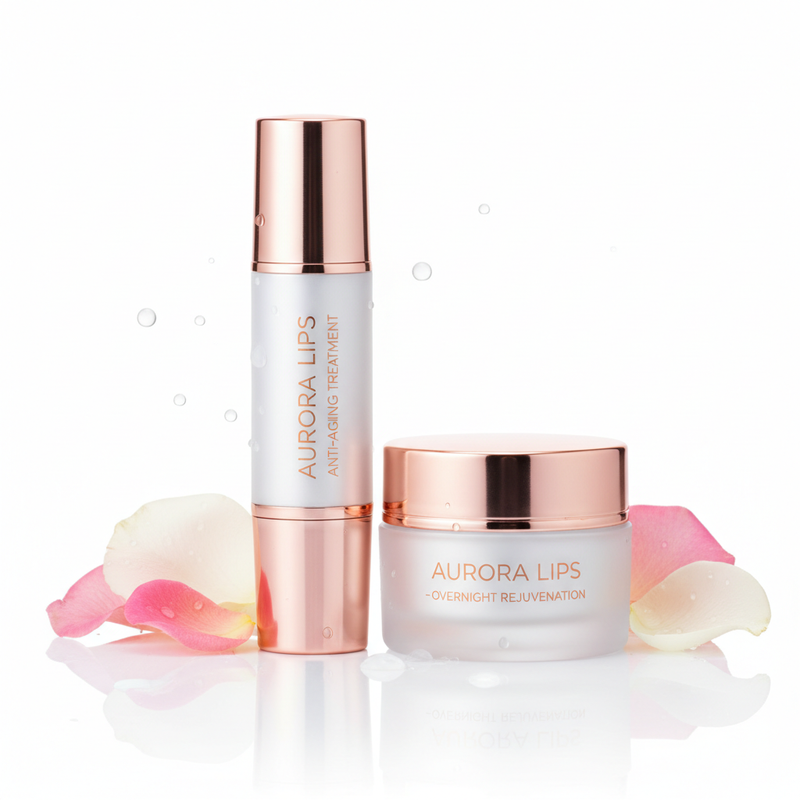 Luxury hydrating lip treatment in rose gold and white packaging