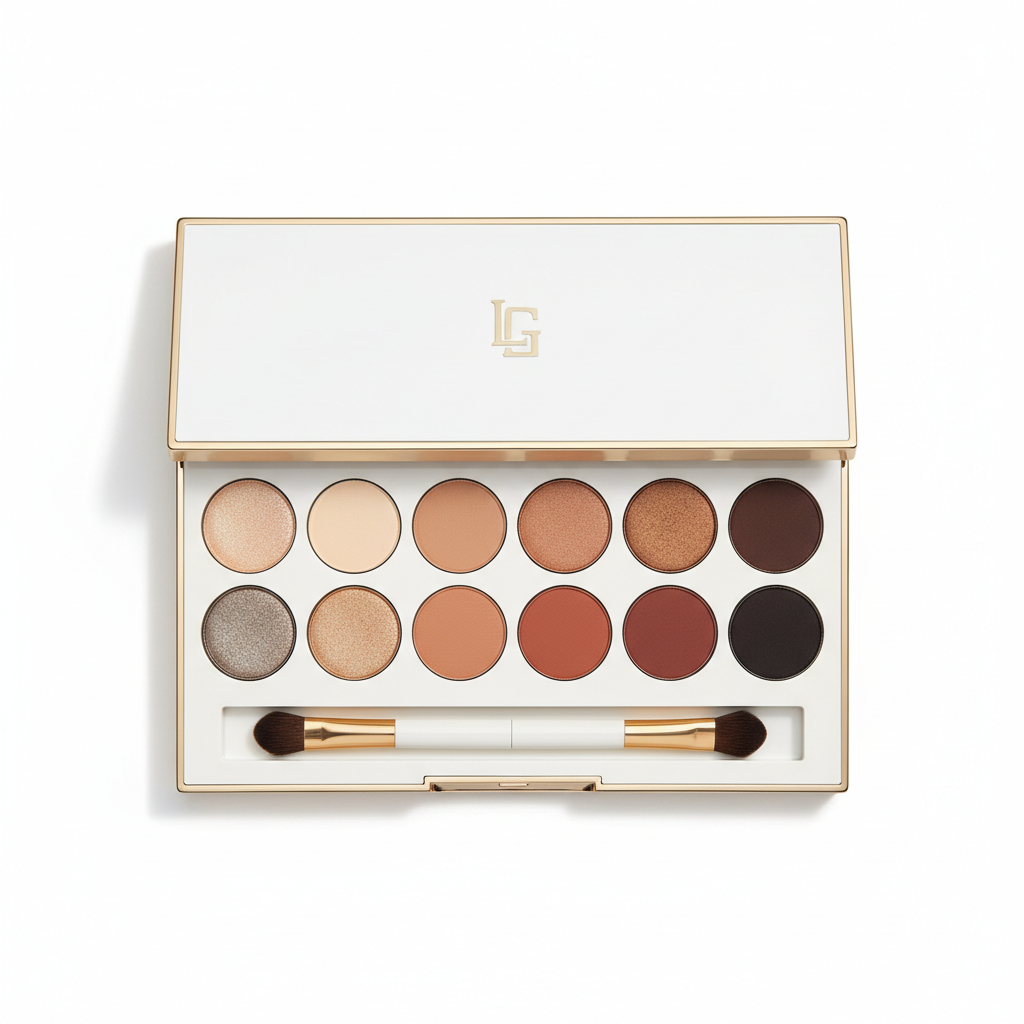 Luxury neutral eyeshadow palette with champagne ivory taupe caramel espresso shades