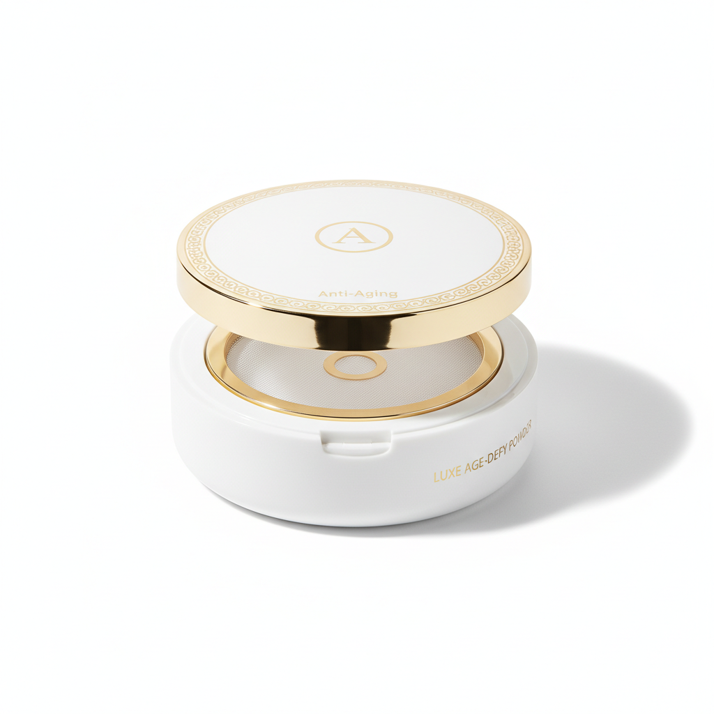 Elegant loose face powder compact in white and gold packaging